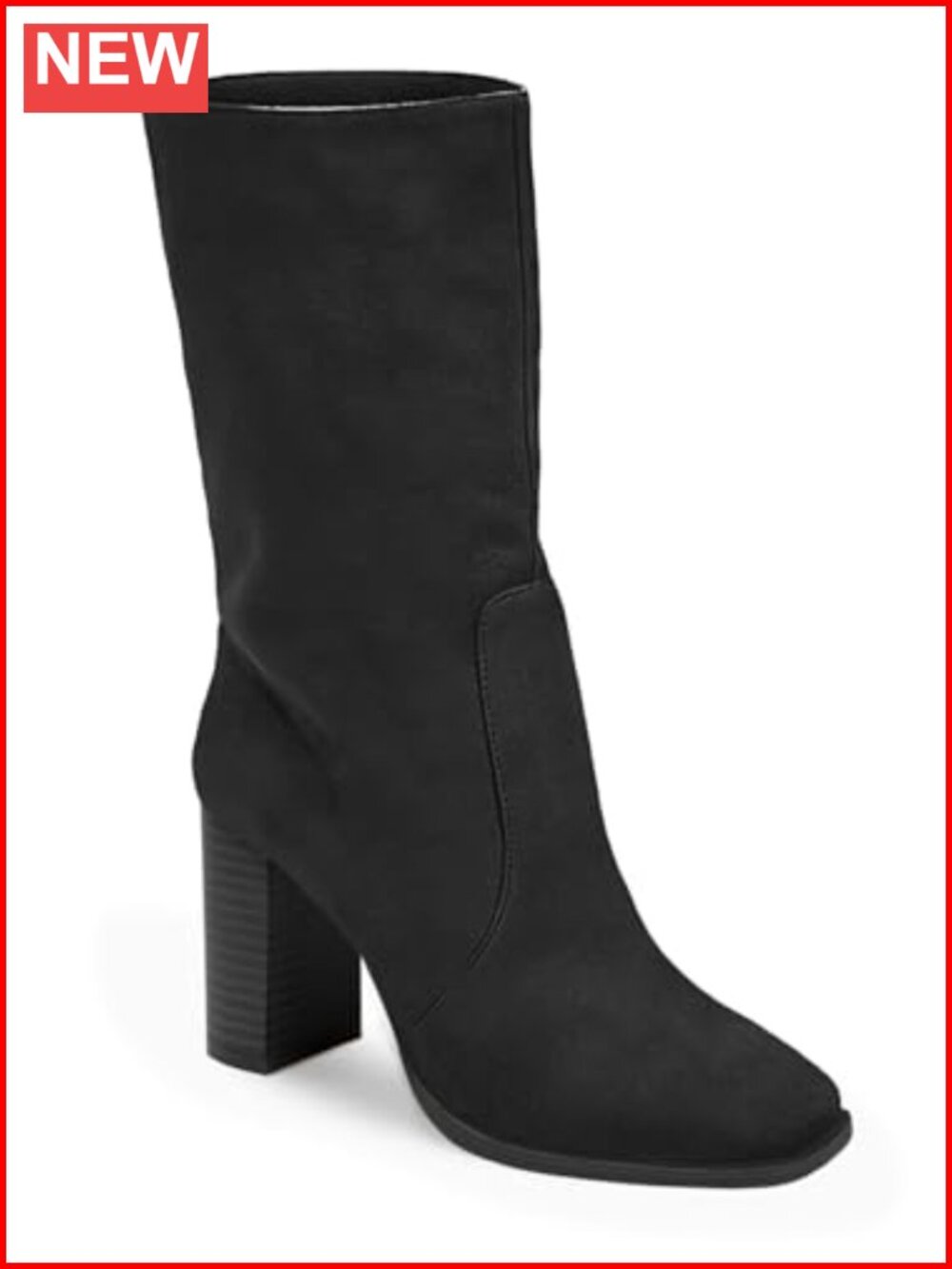 Women's Mid-Calf Boots Chunky Stacked Heel Square Toe Side Zipper Slip-On Faux